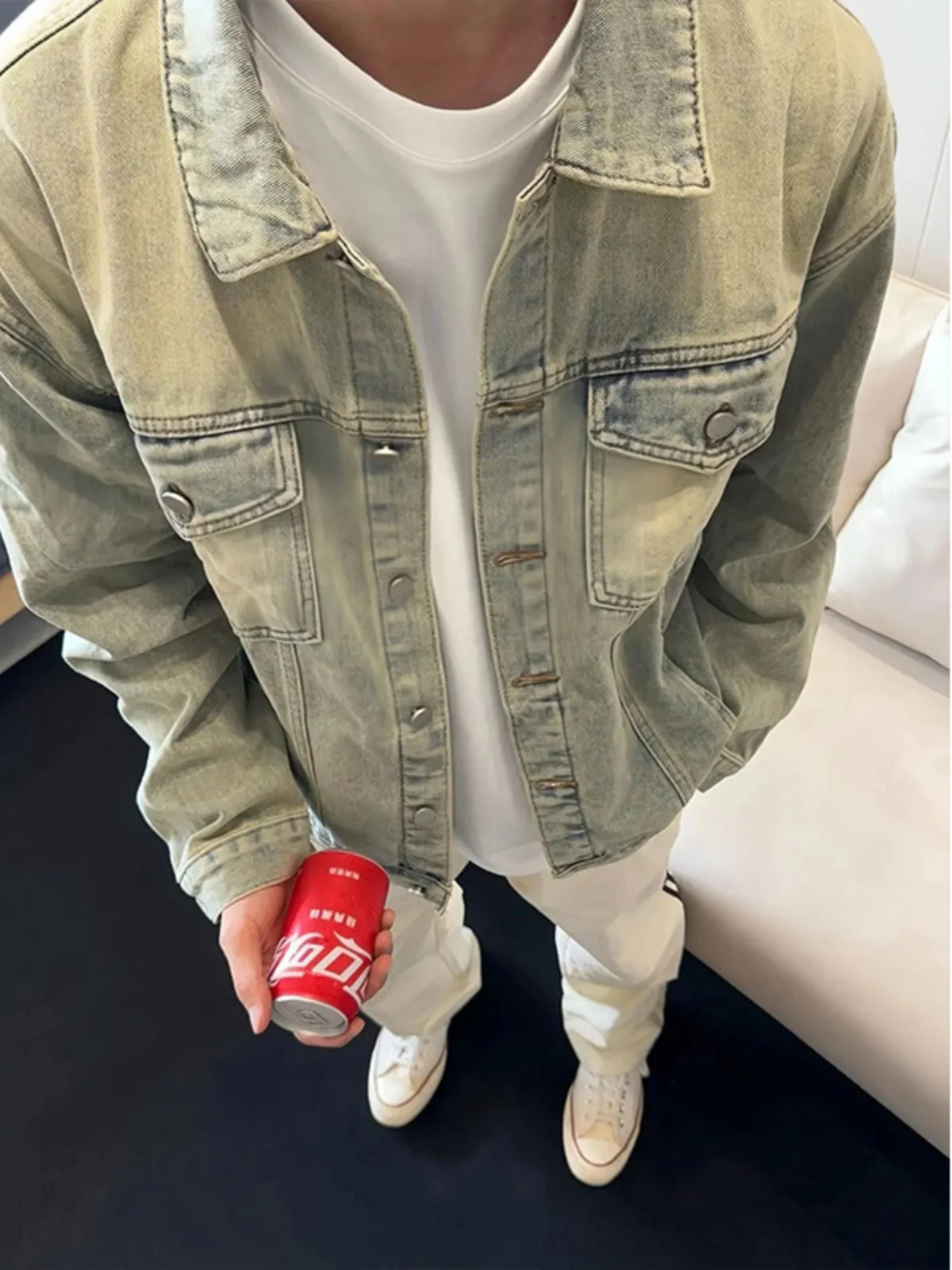 

Мужская джинсовая куртка Waed adual желтого цвета, в американском уличном стиле, рабочая куртка, укороченная джинсовая куртка-пальто