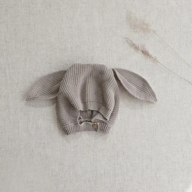 0-24m Infant Girls Simple Knitted Tender Cardigan Newborn Baby Soft Sling Knitwear Bodysuit Fashion Cute Solid Rabbit Ear Cap