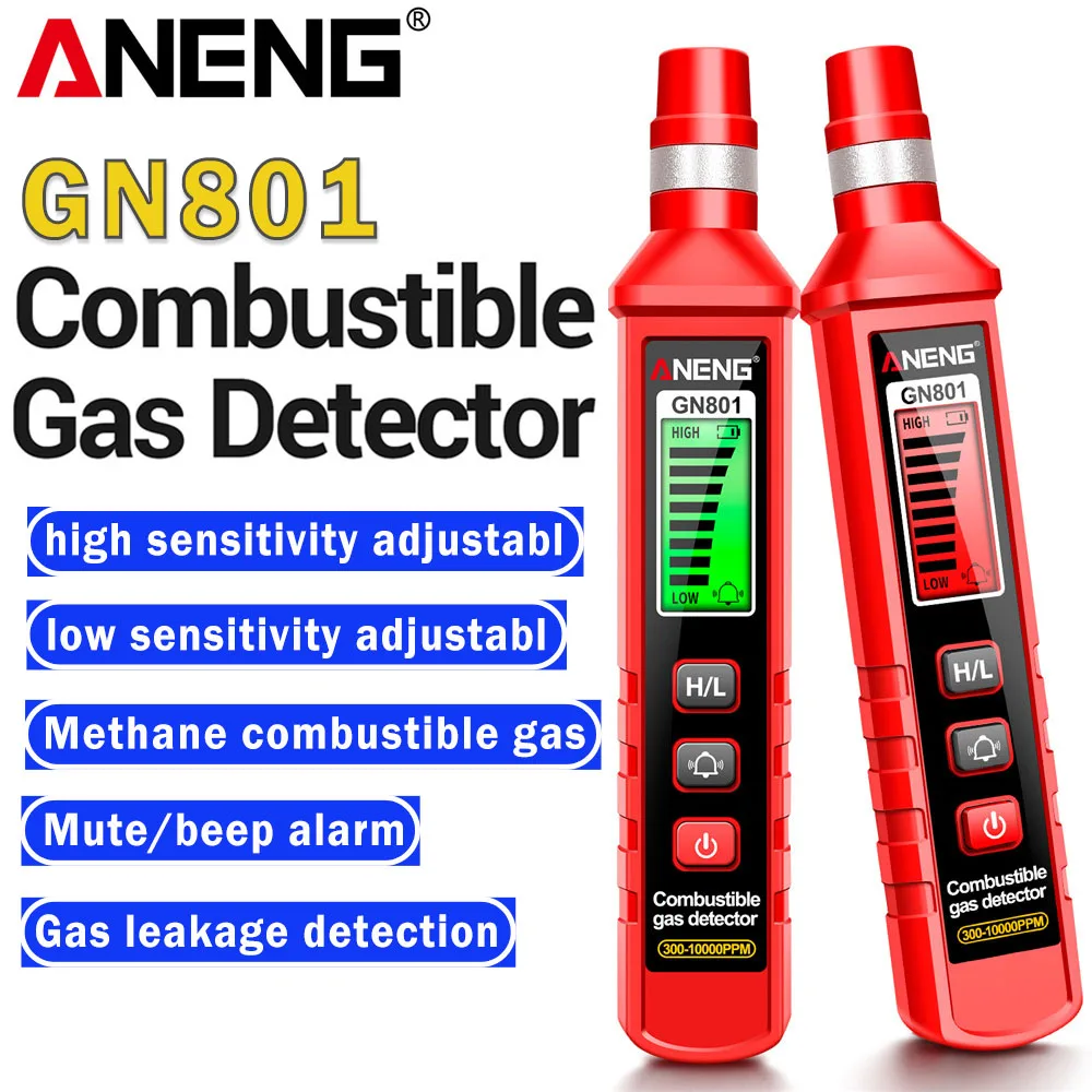 

ANENG GN801 Combustible Gas Detector 300~10000PPM Sound Alarm Gas Analyzer Gas Leakage Meter LCD Environmental Tester Tools