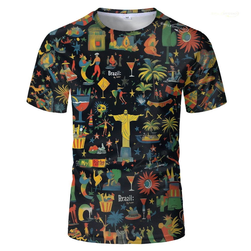 Brazilian Carnival Festival Floral Short Sleeve 3D Printed T-shirt Jesus Statue T-shirt Men's And Women's Parent-child Wear