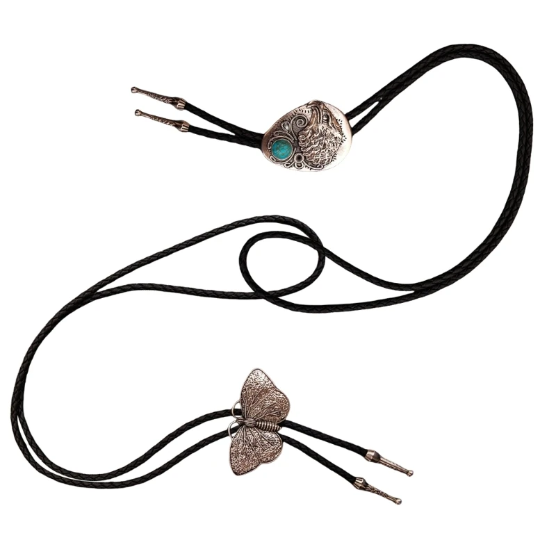 Unisex Faux Leather Cord Necktie with Rodeos Styles Metal Butterfly Pendant Adjustable Chain Bolo Tie Necklace