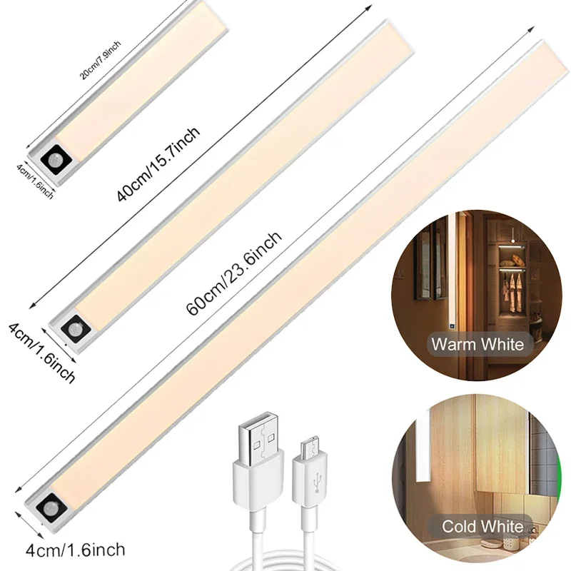 20/40/60CM LED Cabinet Light PIR Motion Sensor Light Ultra-Thin USB Rechargeable Wardrobe Cupboard Wall lamp Closet night light