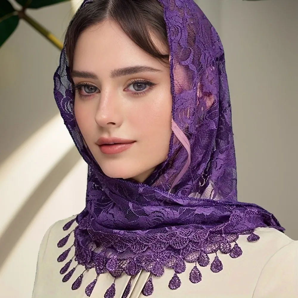 

Vintage Breathable Tassels Lace Head Scarf Embroidery Elegant Lace Flower Mantilla Veils Shawl Church