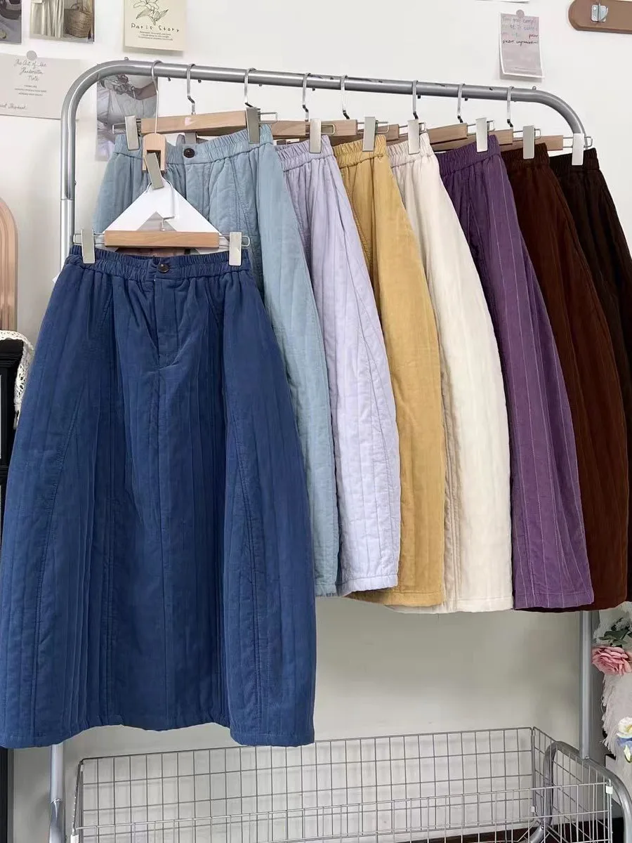 Winter Warm Cotton Corduroy A-Line Skirt Women's High Waist Pure Color Bicolor Slim Patterned Quilted  Skirt