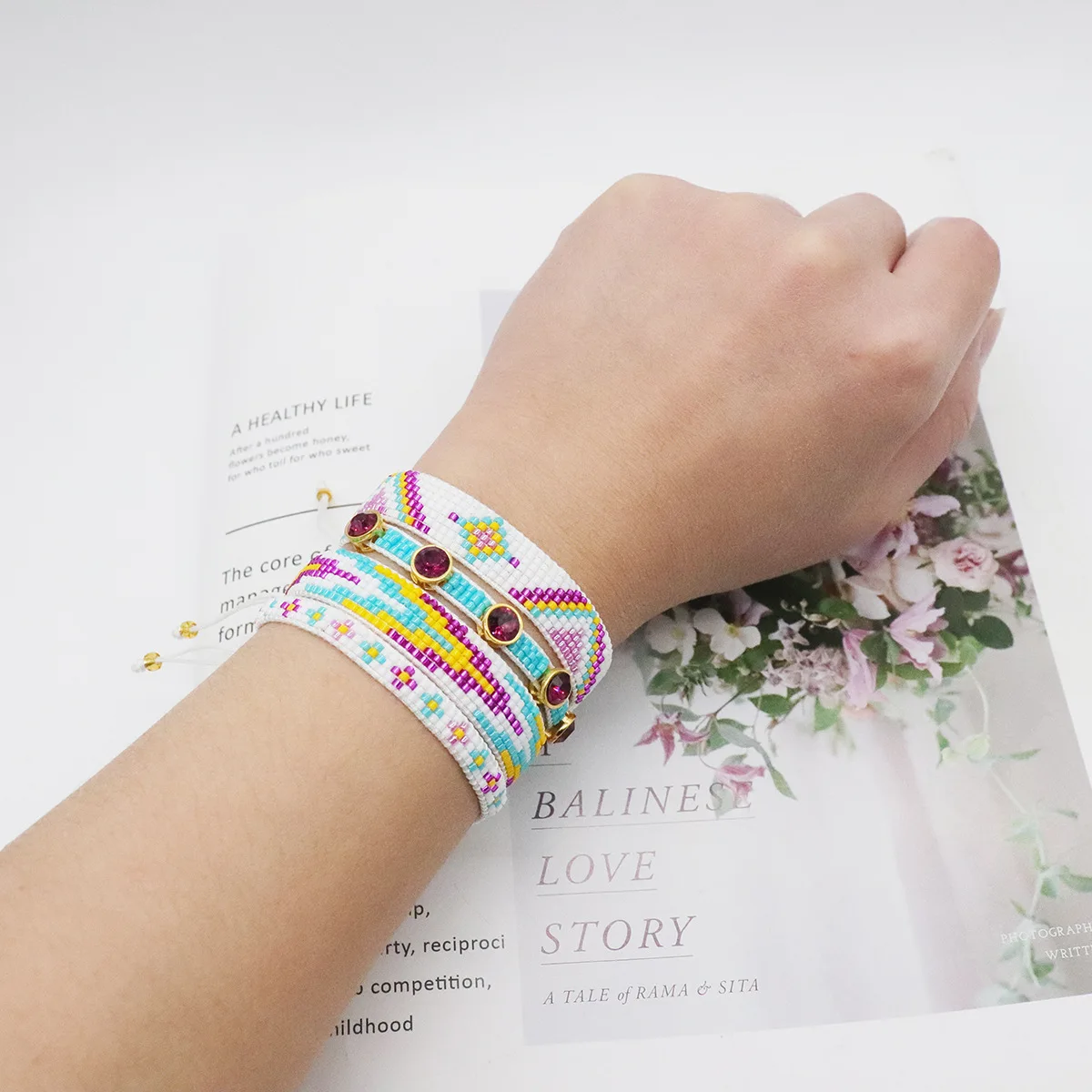 New European and American personalized geometric miyuki bracelet set, zircon arrow pattern rice bead bracelet for women