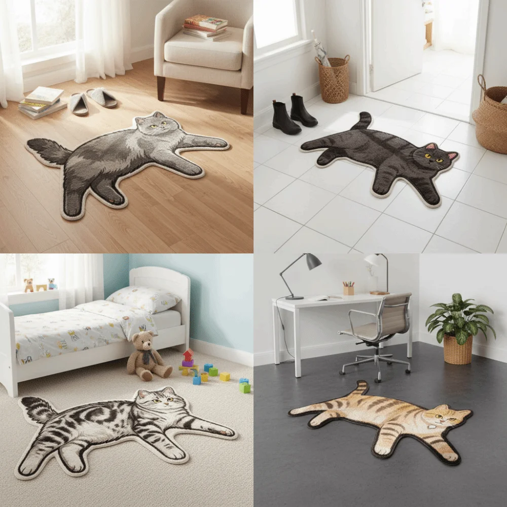 Easy Match Non Slip Cat Floor Mat Absorbent Cartoon Cat Shape Bathroom Rug Not Easy To Shed Decorative Floor Mat Bedroom