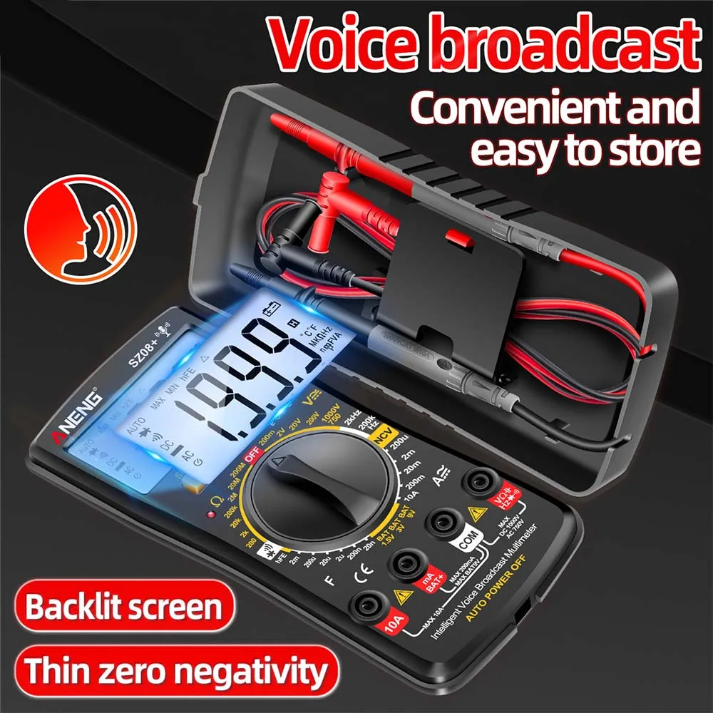 SZ08+ Digital Professional Multimeter Voice Broadcast AC DC Current Tester Voice Multifunctional Hz hFE Ohm Tool + Voice Alarm