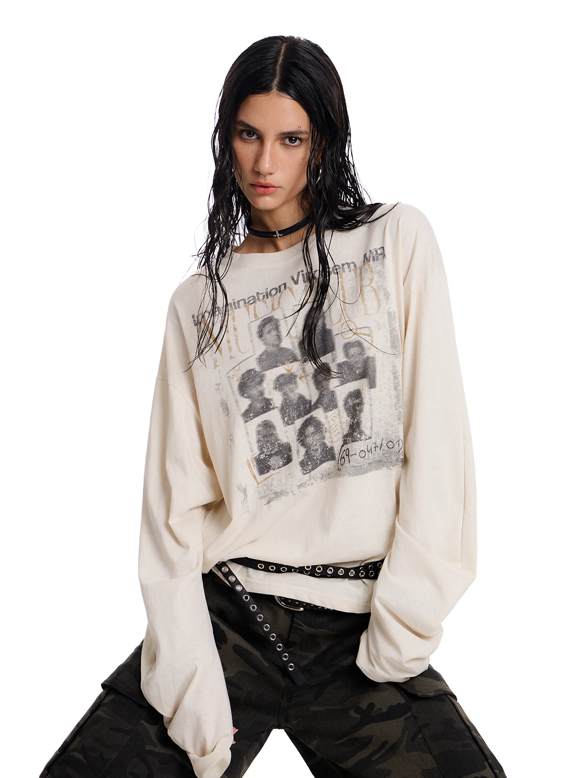 

023start American Punk Streetwear Long Sve T-irt ex Oversize Hip Hop Lazy Sle Top Spring Season round Ne