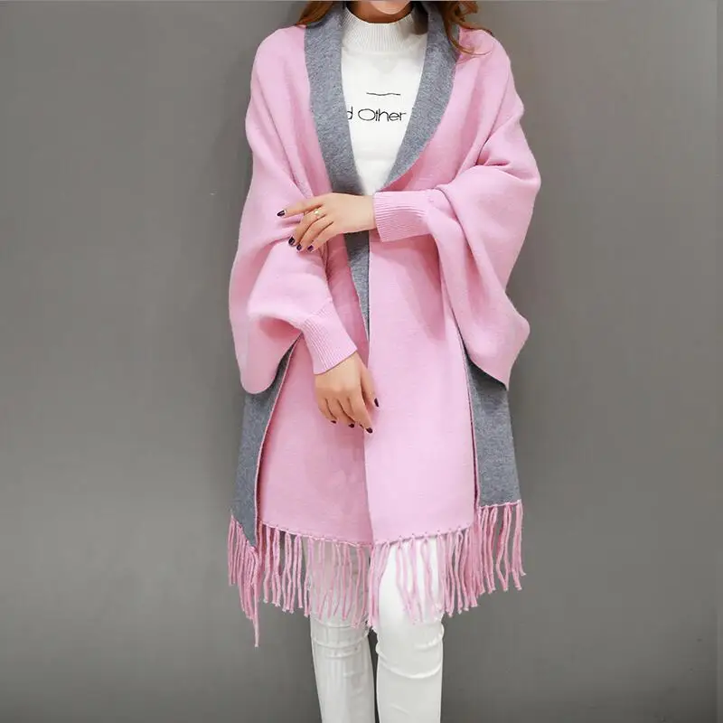 Autumn Winter Fashion Lady Tassel Knitted Shawl Sweater Women Solid Tassel Batwing Sleeve Poncho Cardigan wrap swing