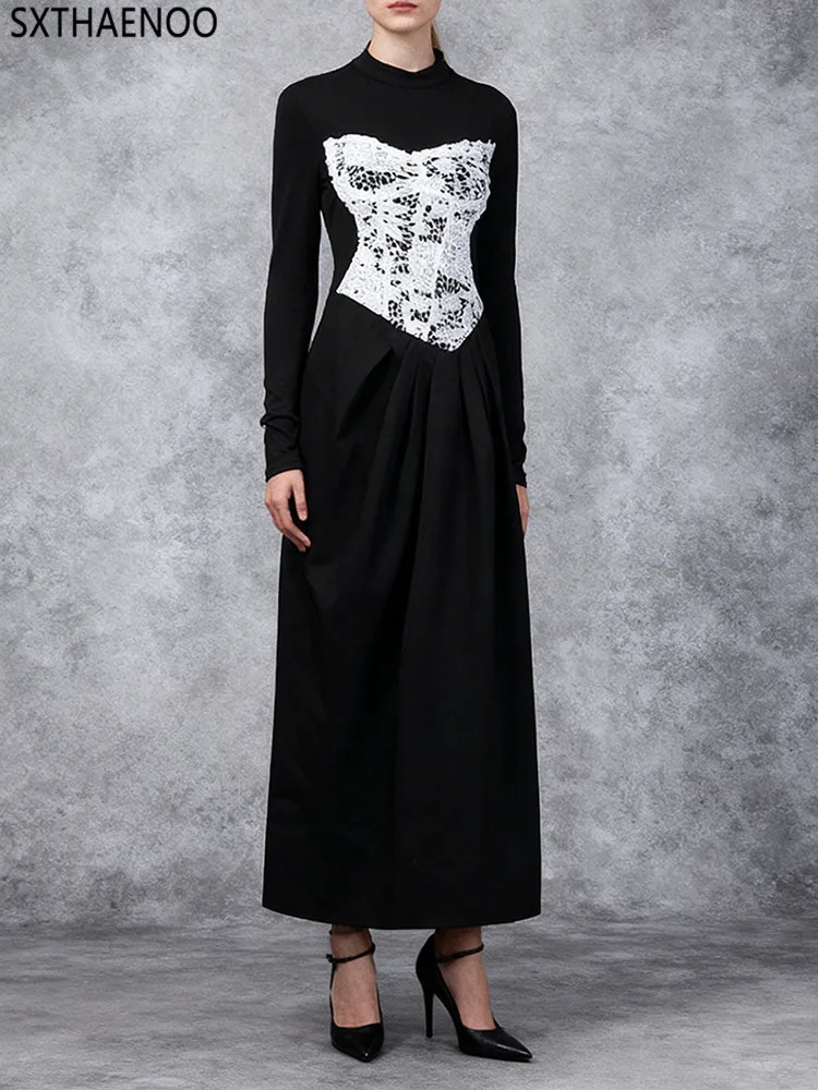 SXTHAENOO ضرب اللون التخسيس تقسم الدانتيل فساتين أنيقة للنساء الوقوف الرقبة طويلة الأكمام المرقعة طيات فستان الإناث 2025