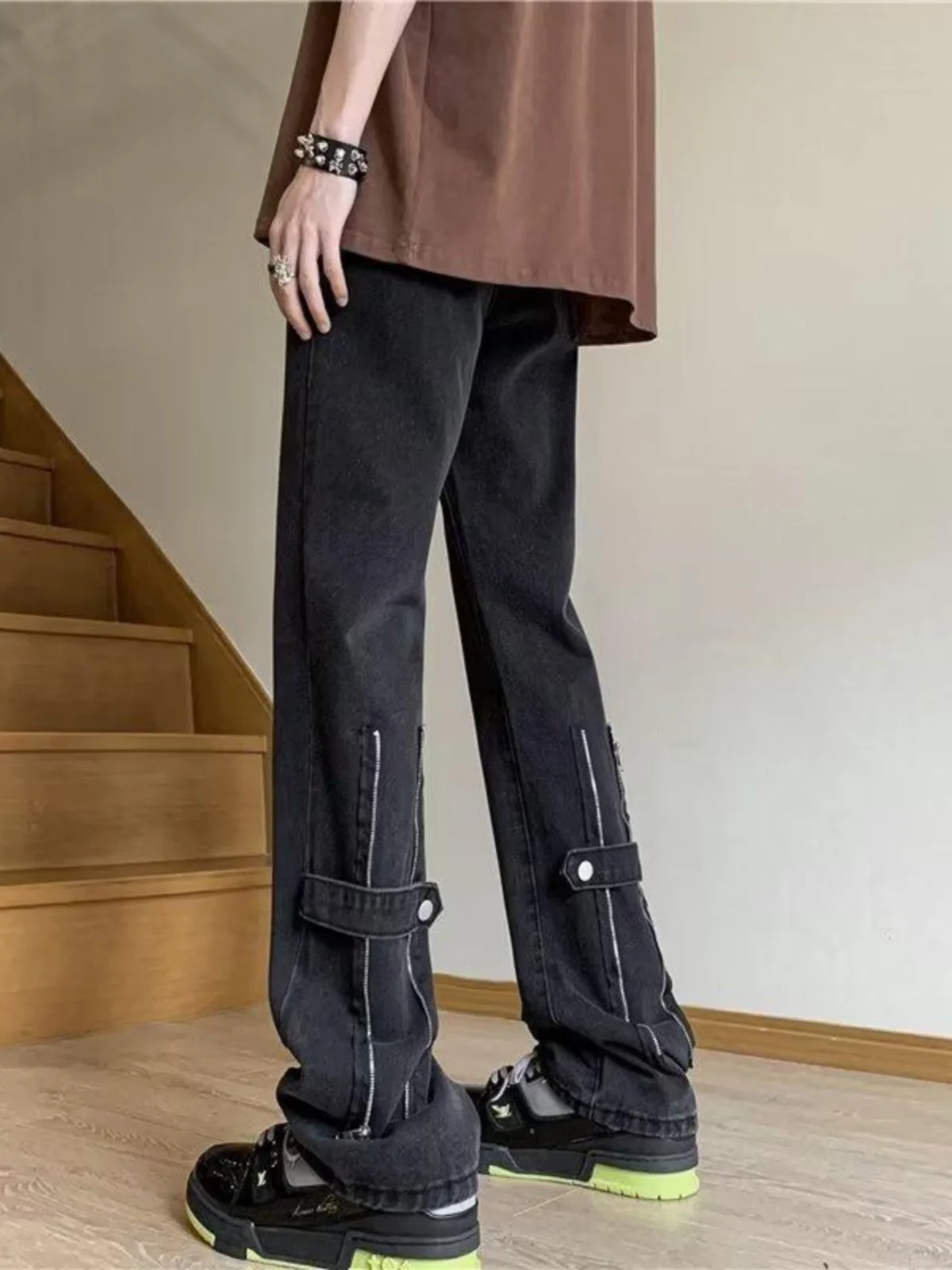 

Unique Design Men's Zipper Denim Jeans American High Street Hiphop Waed Vintage Loose Straight Leg Wide Leg Long Pants