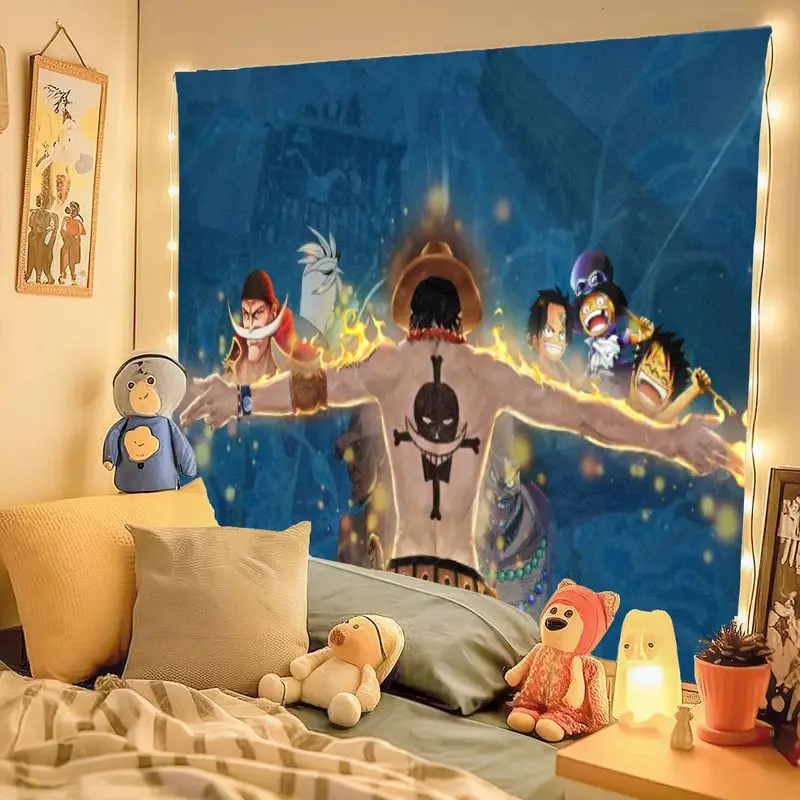 1PC One Piece Ace Flaming Cross Tattoo Anime Tapestry Large Blue Tapestry with Characters Wall Art for Bedroom Living Room Decor