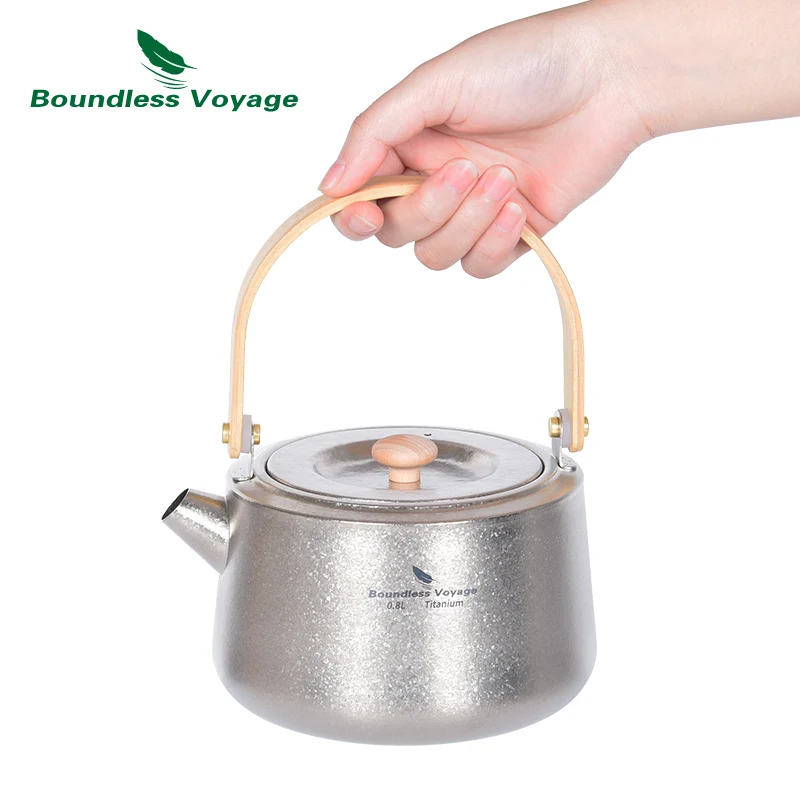 

Boundless Voyage 800ML Titanium Kettle Camping Ultralight Teapot with Filter & Wooden Folding Handle Outdoor Coffee Water Jug