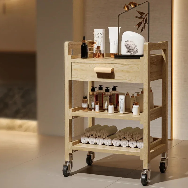 Solid Wood Beauty Cart 3-Layer Salon Multifunctional Aesthetic Trolley with Drawer Flexible Movable Tool Trolley Barber Rack