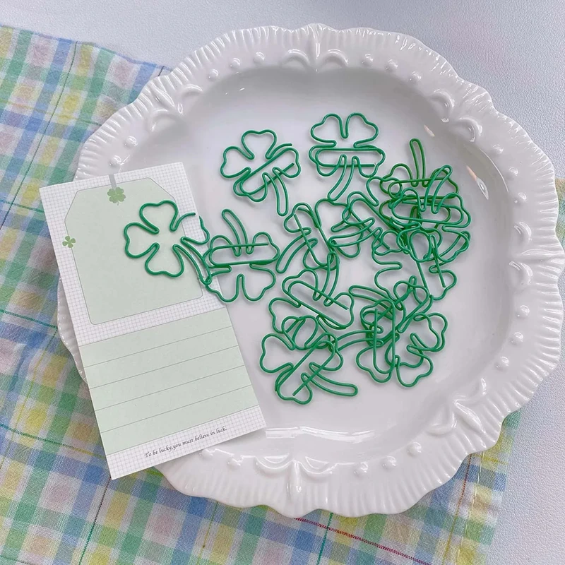 10pcs INS Style Paper Clips Lucky Four-Leaf Clover Bookmark Aesthetic Novelty Shape Clips for Scrapbooking Gift Journal Decor