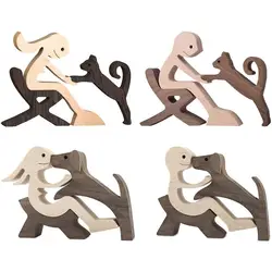 Cute Wood Dog Human Statue Craft Figurine Desktop Table Ornament Carving Model Home Room Decoration Pet Sculpture Christmas Gift