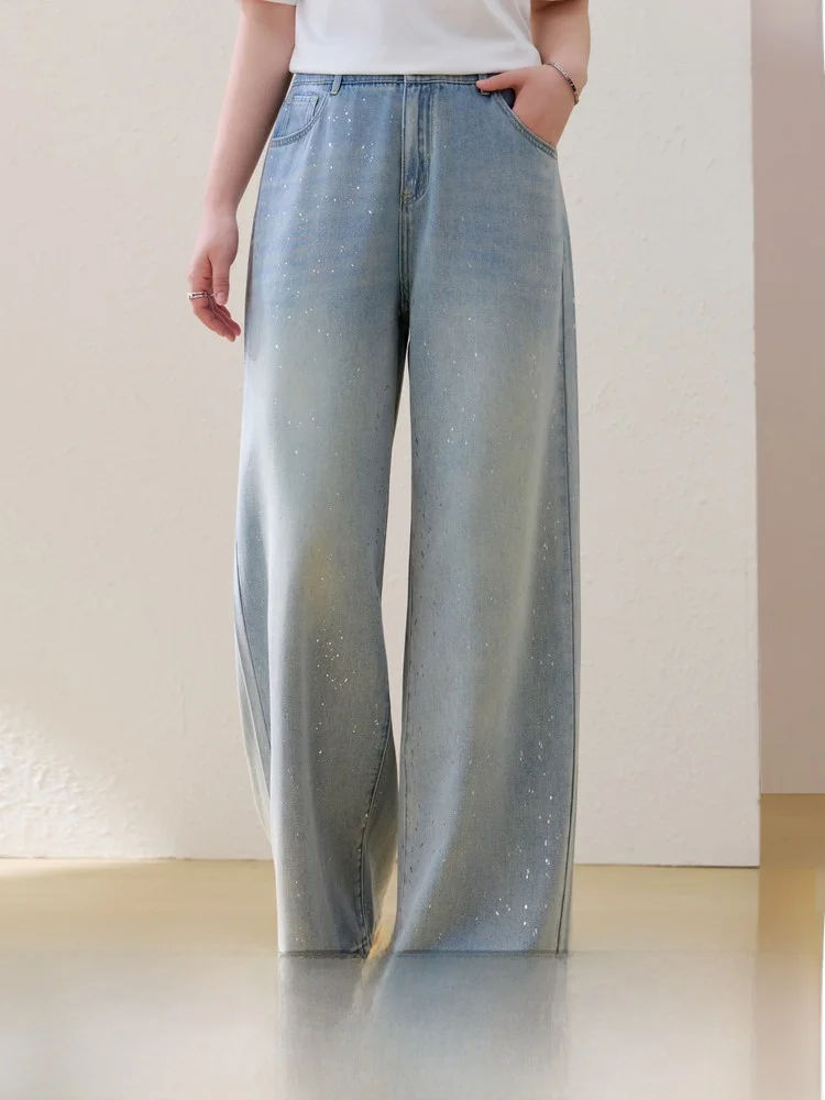 

Модные джинсы с камнями, свободные, широкие, повседневные, женские, больших размеров, в корейском стиле, с высокой талией, из смесового хлопка