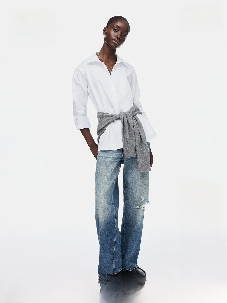 H&M Nueva Blusa de Verano para Mujer, Estilo Casual, Holgada, de Algodón, Manga Larga, con Botones y Bolsillos, Talla Grande, Premium