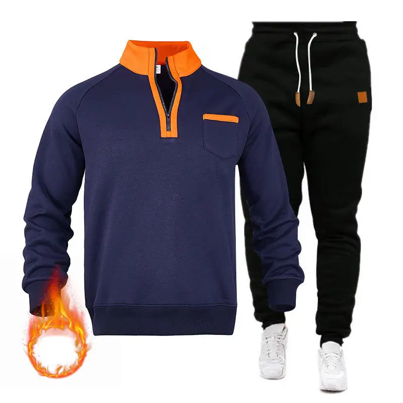

Men's Sporty Fleece Lined Long Sleeve Hoodie And Pants Set Zipper Closure Stand Collar Winter Warm Casual Outfit Cross Border