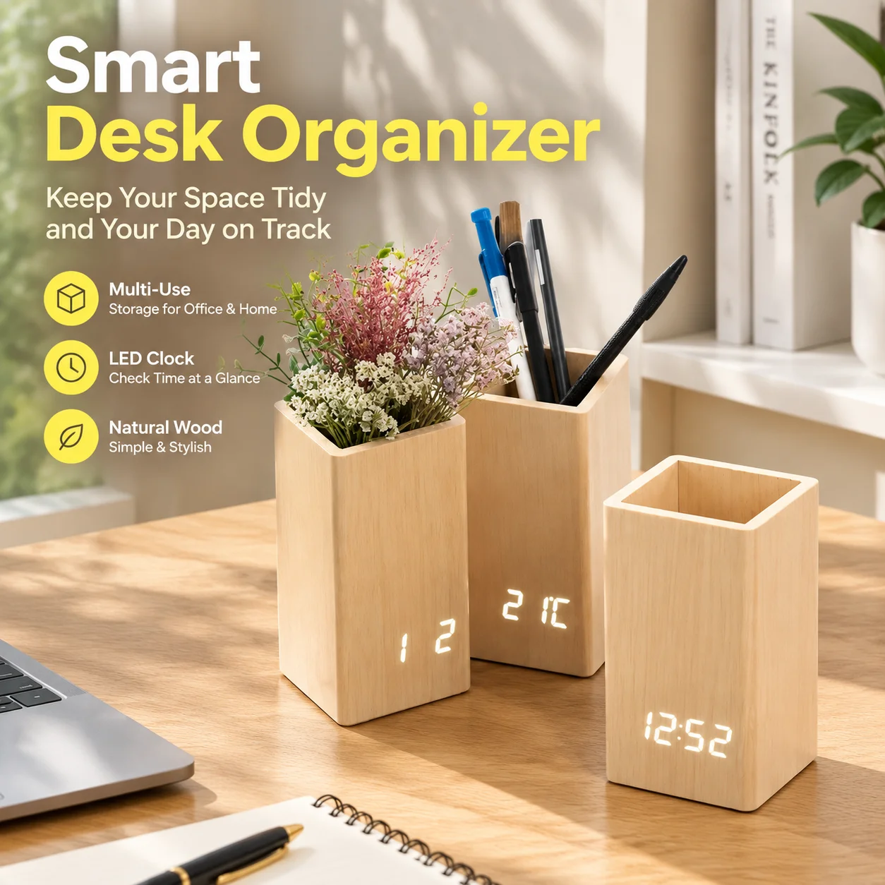 Nordic Wooden Desk Organizer Box with LED Digital Alarm Clock and Pen Holder, Multi-use Stationery Storage for Office Decor