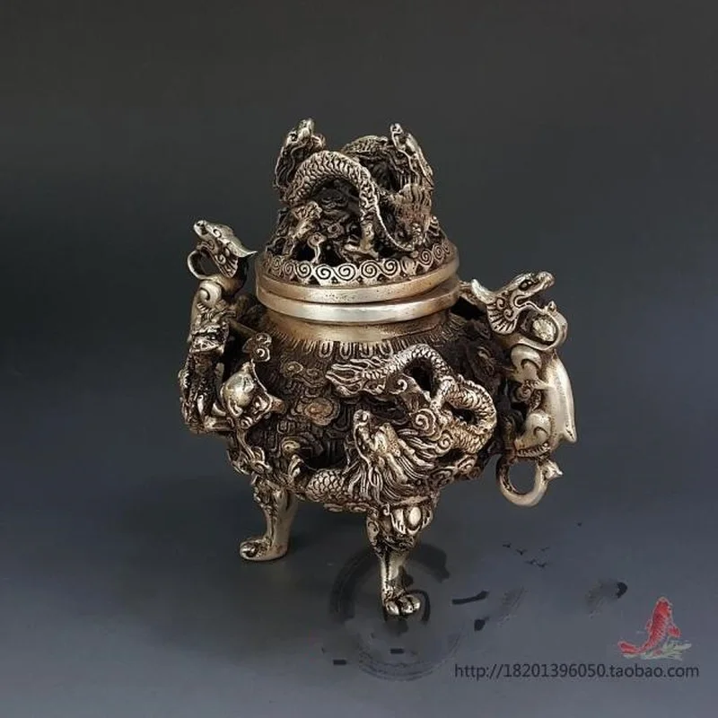Large, silver-plated, , white copper, brass burner with a nine-dragon design, suitable for incense and sandalw