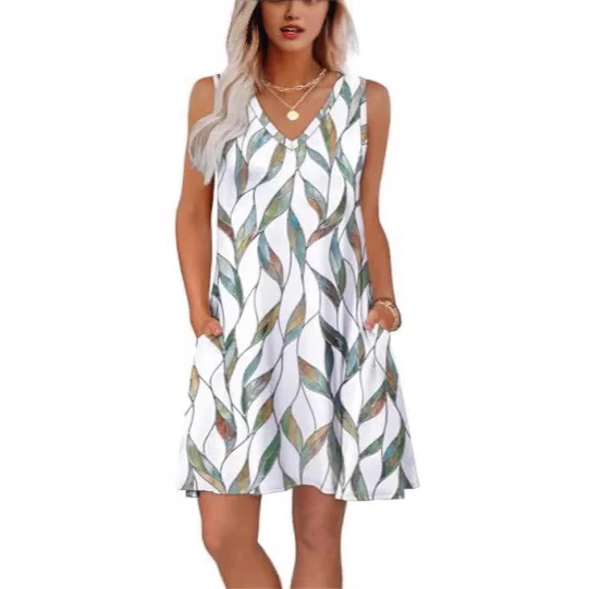 

New summer women's clothing fashionable temperament casual sexy beach loose V-neck sleeveless pocket dress vest skirt