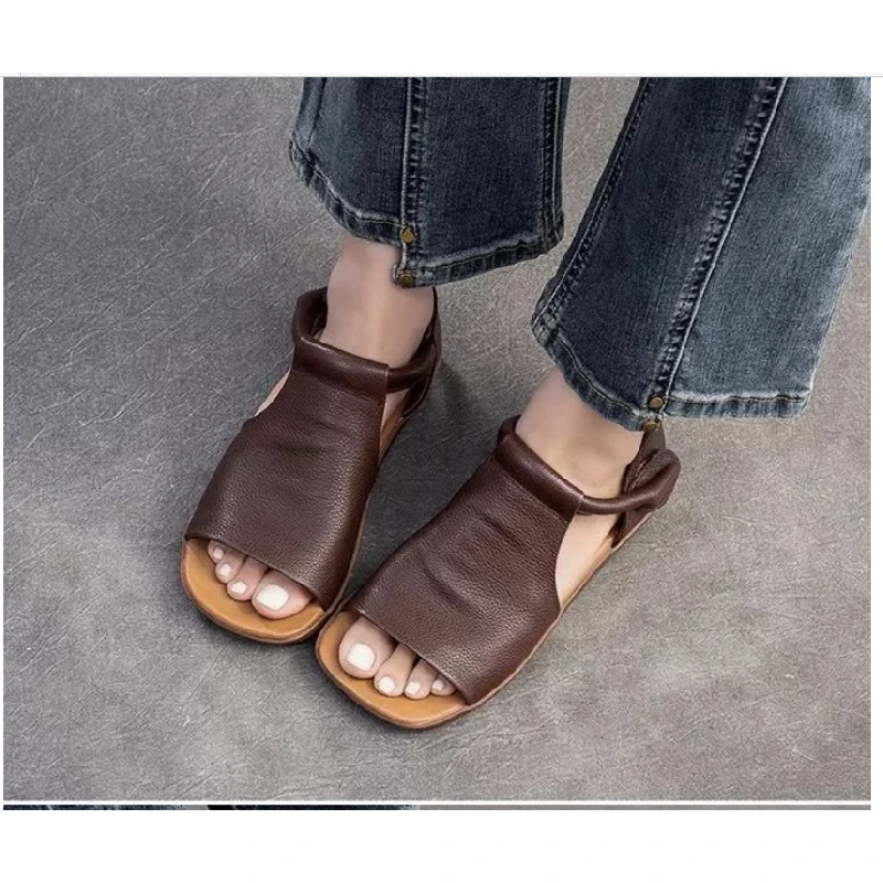 2025 Summer New Women's Peep Toe Flat Sandals - Retro Soft Leather Breathable Comfortable Versatile Casual Shoes image 4
