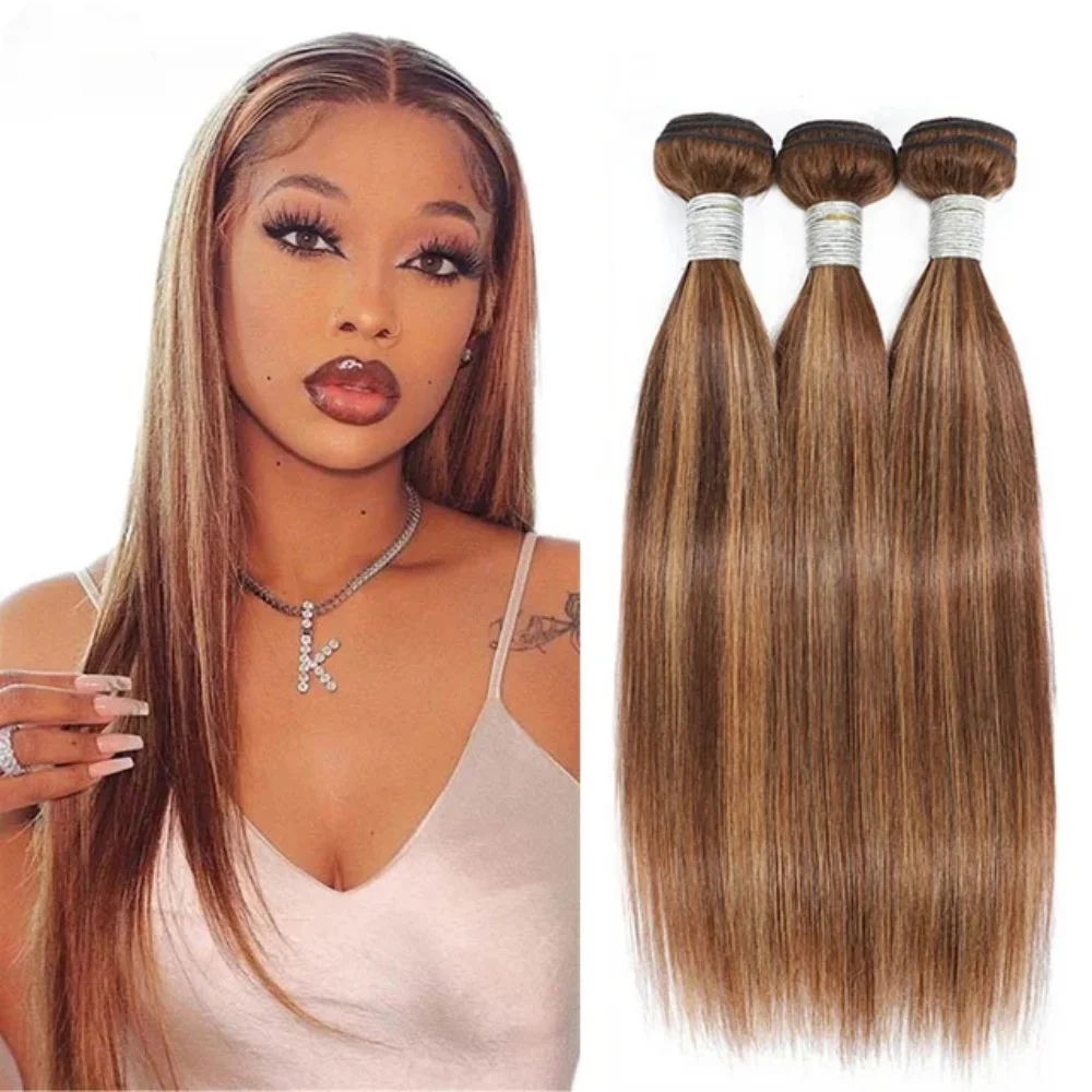 

Straight Human Hair Bundles 16 18 20 Inch 10A Chocolate Honey Blonde Highlight P4/27 Raw Unprocessed Weave Hair for Women