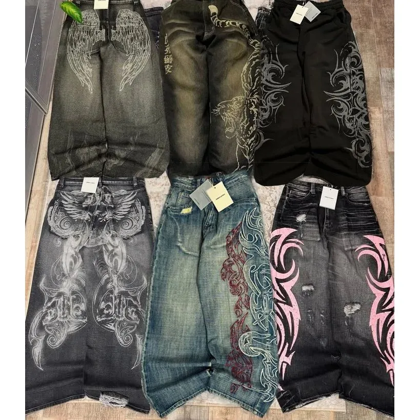 

ex Y2K Gothic Oversized Jeans High Set Japanese Faion Resistant to Deformation Neutral Dstring Polyde Fiber Jeans