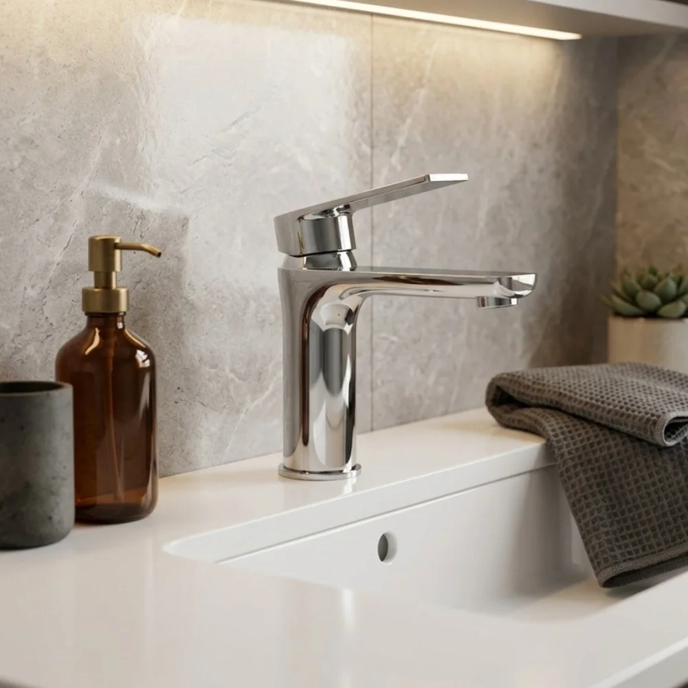 Stainless Steel Bathroom Basin Mixer Tap Featuring Single Lever Operation Water Saving Aerator 16.8x4.5x15 cm Stable Structure