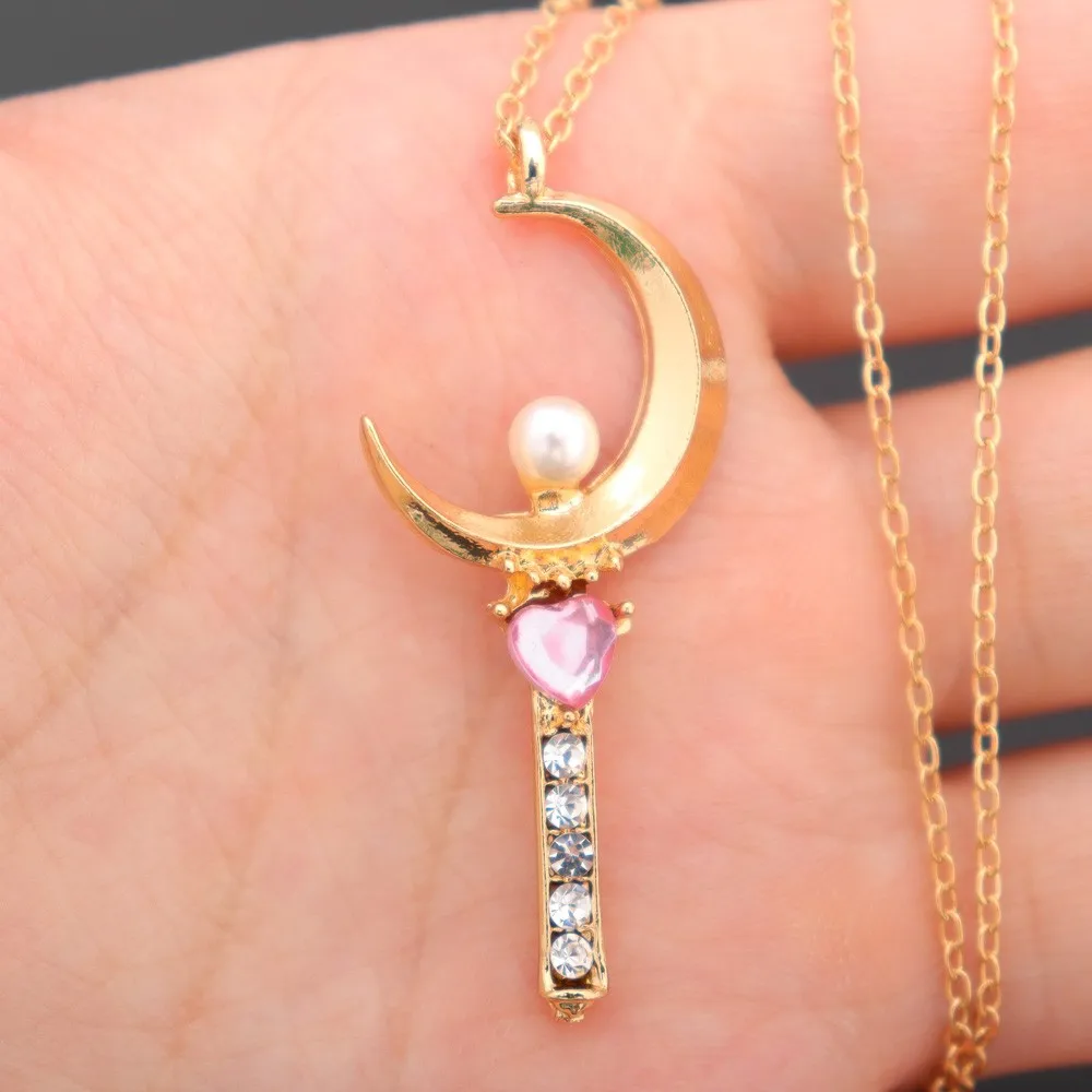 Japanese Anime Sailor Moon Loving Magic Wand Crystal Cosplay Pendant Necklace Girl Accessories Cute Cosplay Props Necklace