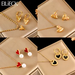 EILIECK 316L Stainless Steel Trendy Metal Waterproof Heart Love Pearls Necklace Earrings Set Stainless Steel Charm PVD Jewelry