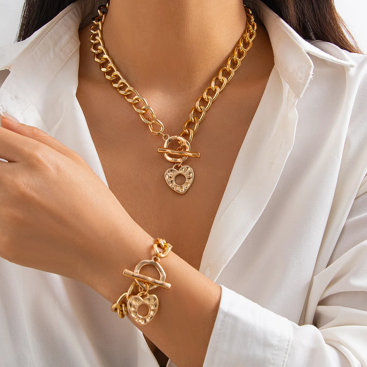 Sleek OT Clasp Choker Necklace with Lava Textured Heart Letter Pendant Punk Style Lightweight Durable Alloy Jewelry Kit