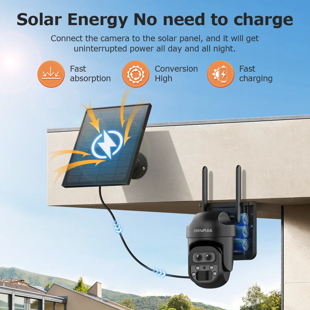 SHIWOJIA 12X Zoom 4G LTE Solar Security Camera 8MP Night Vision Dual-Lens Outdoor WiFi Solar Battery Camera PIR Human Detection