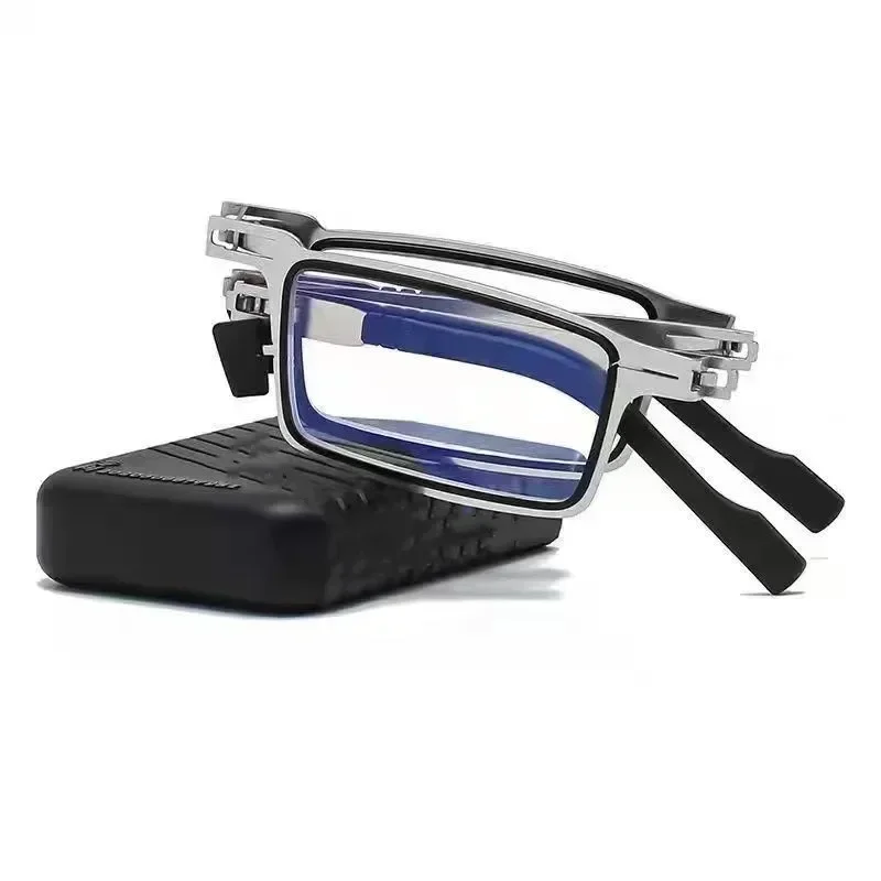 Unisex Faltbare Lesebrille Transparente Gläser Vollmetallrahmen Anti-Blaulicht Mit Etui für Männer und Frauen