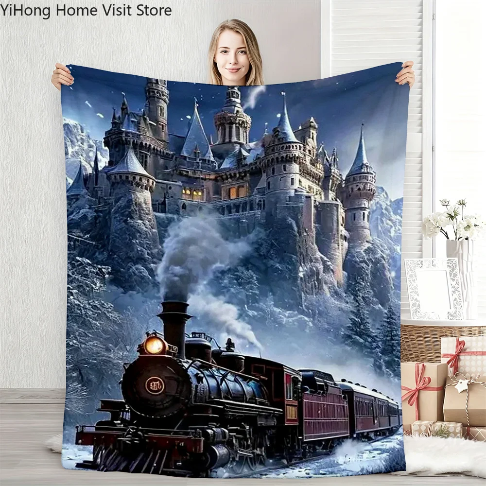 1PC Train Landscape Picture Theme Flannel Blanket Soft Warm Throw Blanket for Bedroom Living Room Bed Travel Camping Picnic Gift