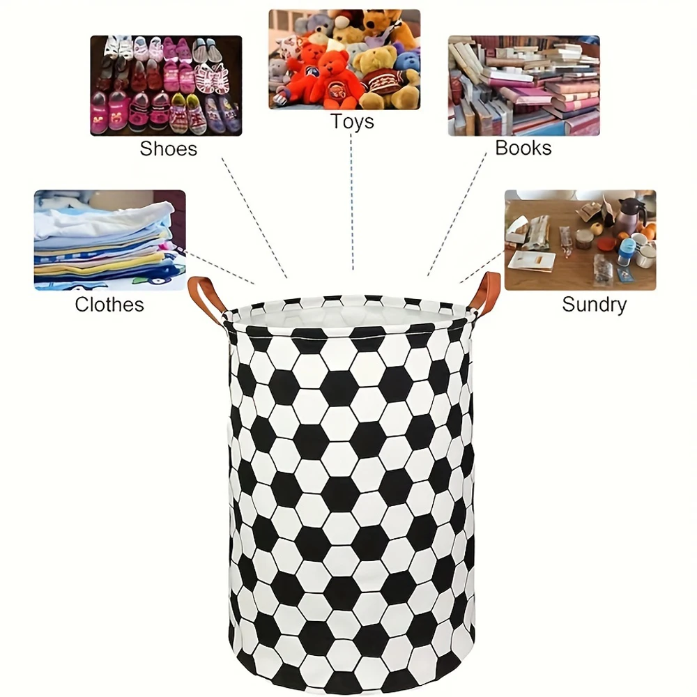 1 PC Round Football Pattern Laundry Basket, Lightweight Foldable Waterproof Storage Basket for Toys and Dirty Clothes