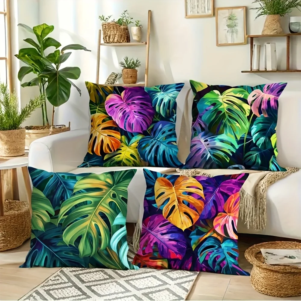 Image of 1 Stück 2D Flache Tropische Monstera-Blatt Kissenbezüge Böhmische Lebendige Tropische Pflanzen Kissenhüllen für Zuhause Ohne Kisseneinsatz