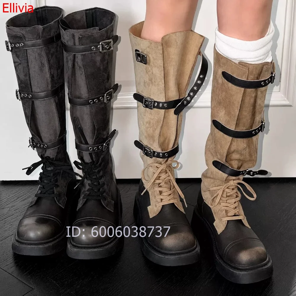 Women Color Block Knee High Boots Multi Buckle Straps Lace Up Thick Sole Vintage Washed Suede Fashion Streetwear Riding Booties