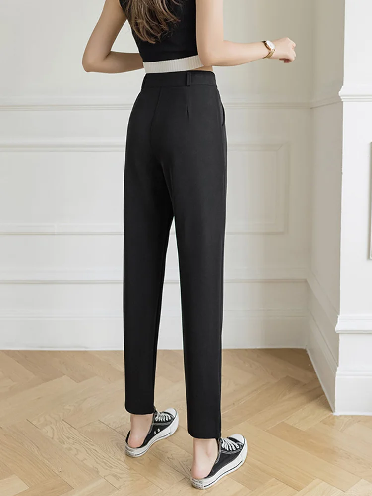 Damskie spodnie garniturowe z wysokim stanem, zwiewne, codzienne, wiosna-lato 2024, nowe, uniwersalne, wyszczuplające, o długości 7/8, proste, modne.