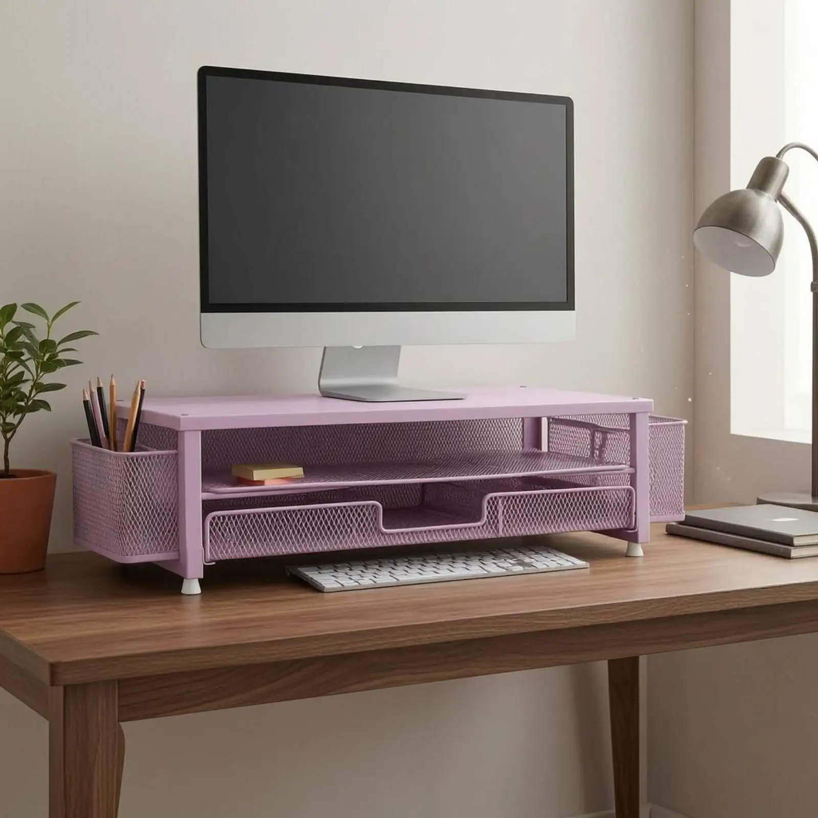 Monitors Stand Riser Organizer Mesh Display Riser with Drawer Metal Desktop Organizer