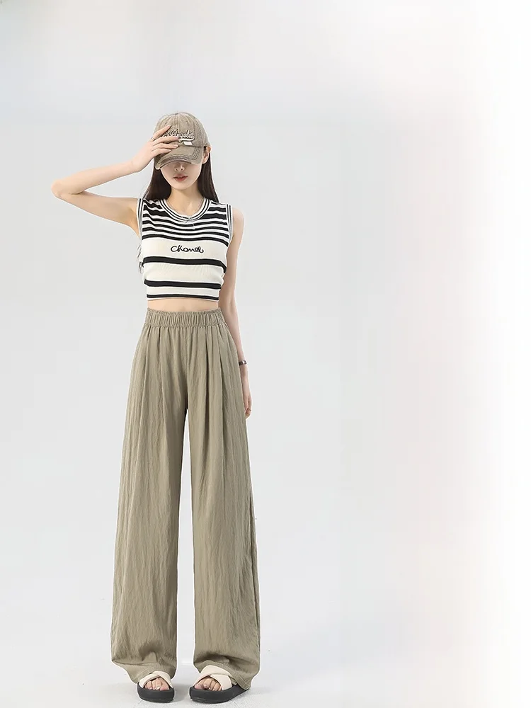 الحرير الجليد مستقيم الساق بنطال ذو قصة أرجل واسعة عالية الخصر فضفاضة تناسب الصيف عادية رقيقة جديدة Sle المرأة السراويل الكورية Sle تخفيف