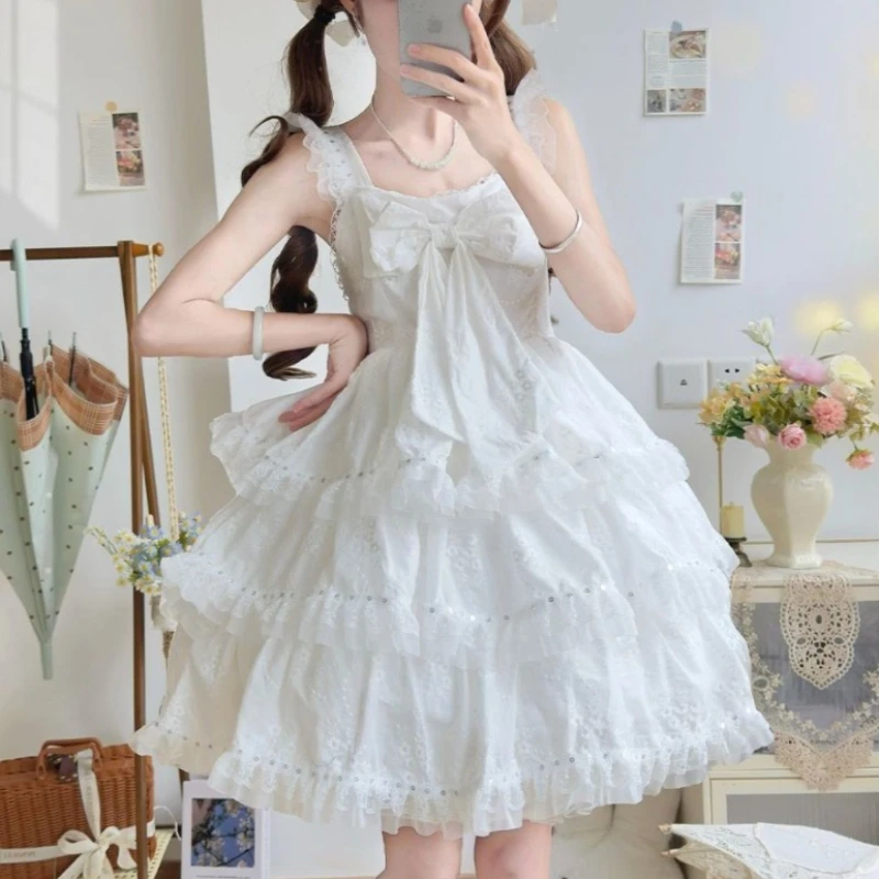 

Japanese Kawaii Lolita Princess Jsk Dress Women Sweet Lace Ruffles Bow Strap Dresses Y2k Girls Cute Tea Party Mini White Dress