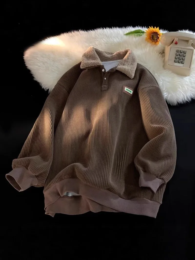 

Толстовка из вельвета с воротником-поло, флисовая, теплая, оверсайз, повседневная, модная, в стиле стритвир, пуловер