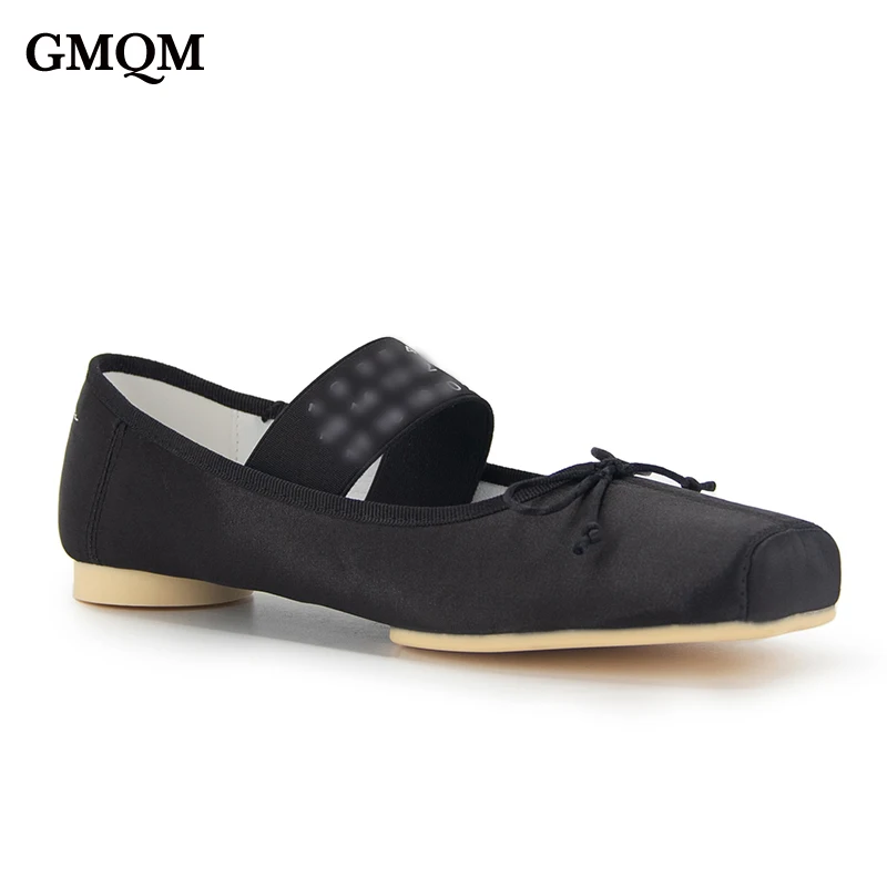 GMQM Fashion Mary Jane Ballet Flats Women Shoes Silk Satin Ballet Comfortable Soft Square Toe 2023 Bowknot Cute College Student