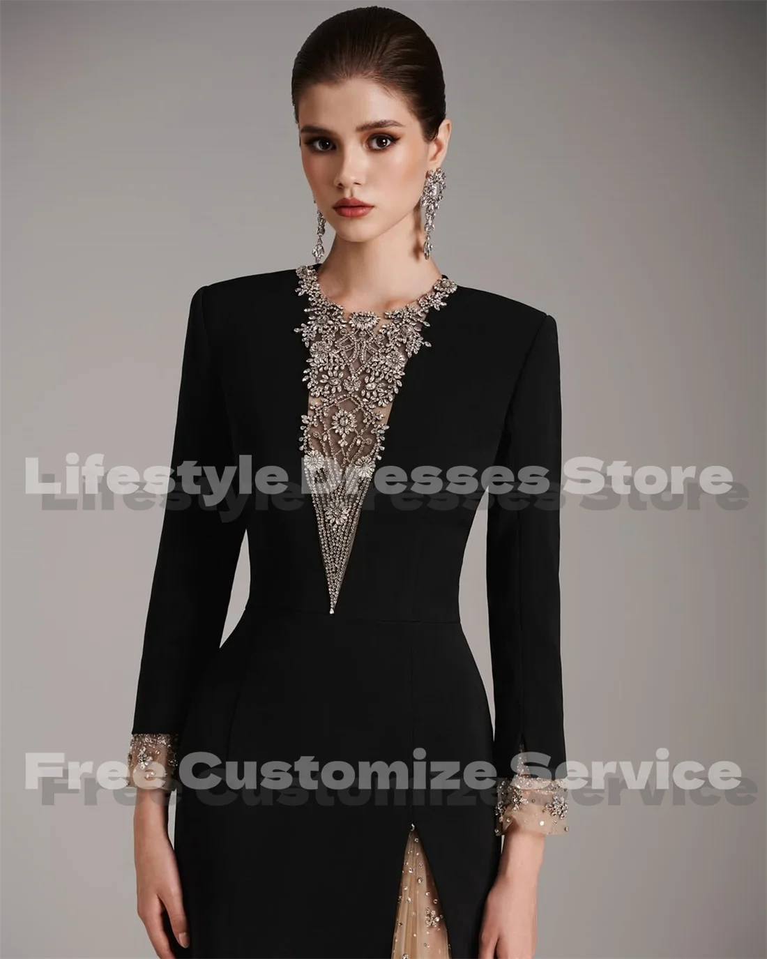 Customized Black Long Sleeves Prom Dresses Champagne Tulle Crystal Luxury Women‘s Evening Dresses Elegant Party Gown