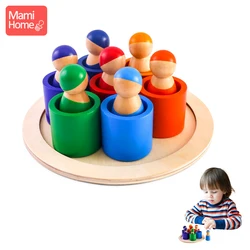 1Set Wooden Peg Dolls Toys Rainbow Beech Wooden Block Doll Tray Montessori Pretend Play People Education Toy For Children's Toys