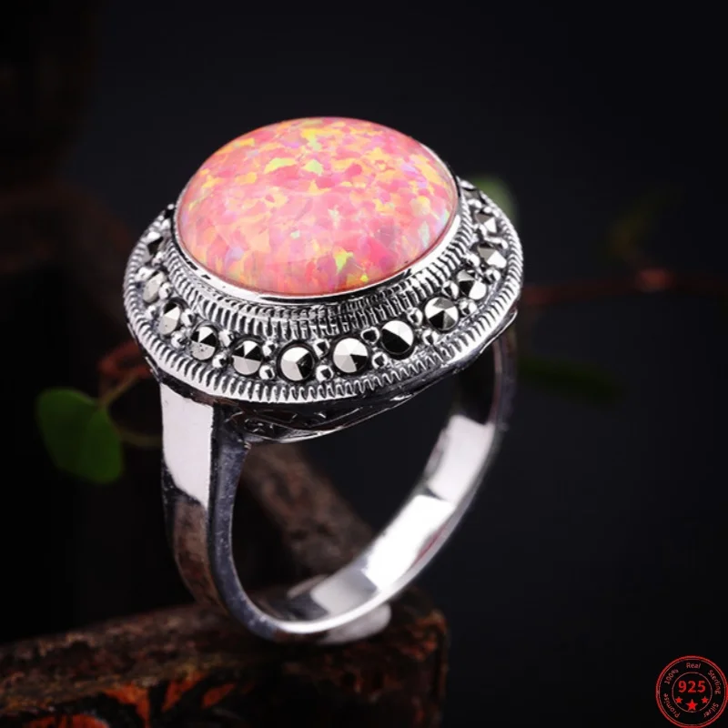 

Genuine S925 Sterling Silver Charms Rings for Women New Fashion Round Natural Colored Opal Marcasite Jewelry Free Shipping