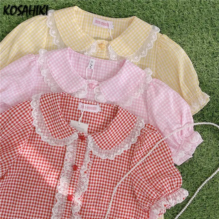KOSAHIKI Lolita Blouse Retro Plaid Women Lace Ruffle Shirt Peter Pan Collar Short Sleeve s Top Vintage Blusas