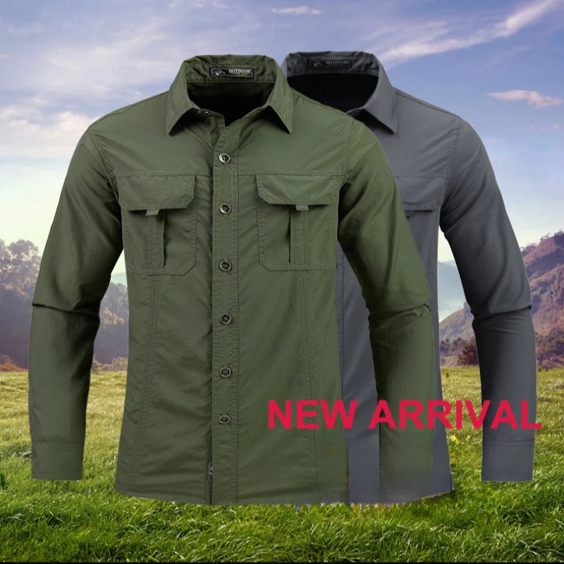 Men's Cargo Shirt Long-Sleeved Summer Ice Feeling Outdoor Tops Quick-Drying Large-Size Overalls Breathable Hiking Work Shirts